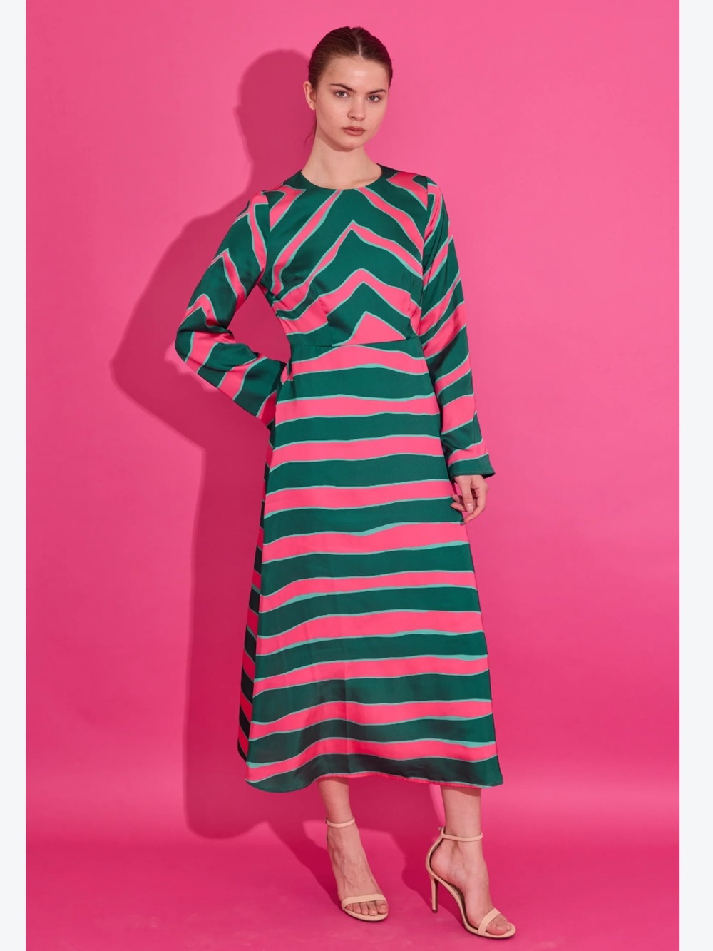 Striped Long-Sleeve Midi Dress in Green and Pink